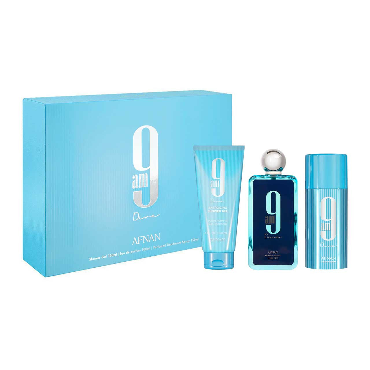 Afnan 9Am Dive SET 3 Piezas Unisex EDP 100ml + Gel De Ducha 150ml + Desodorante 150ml