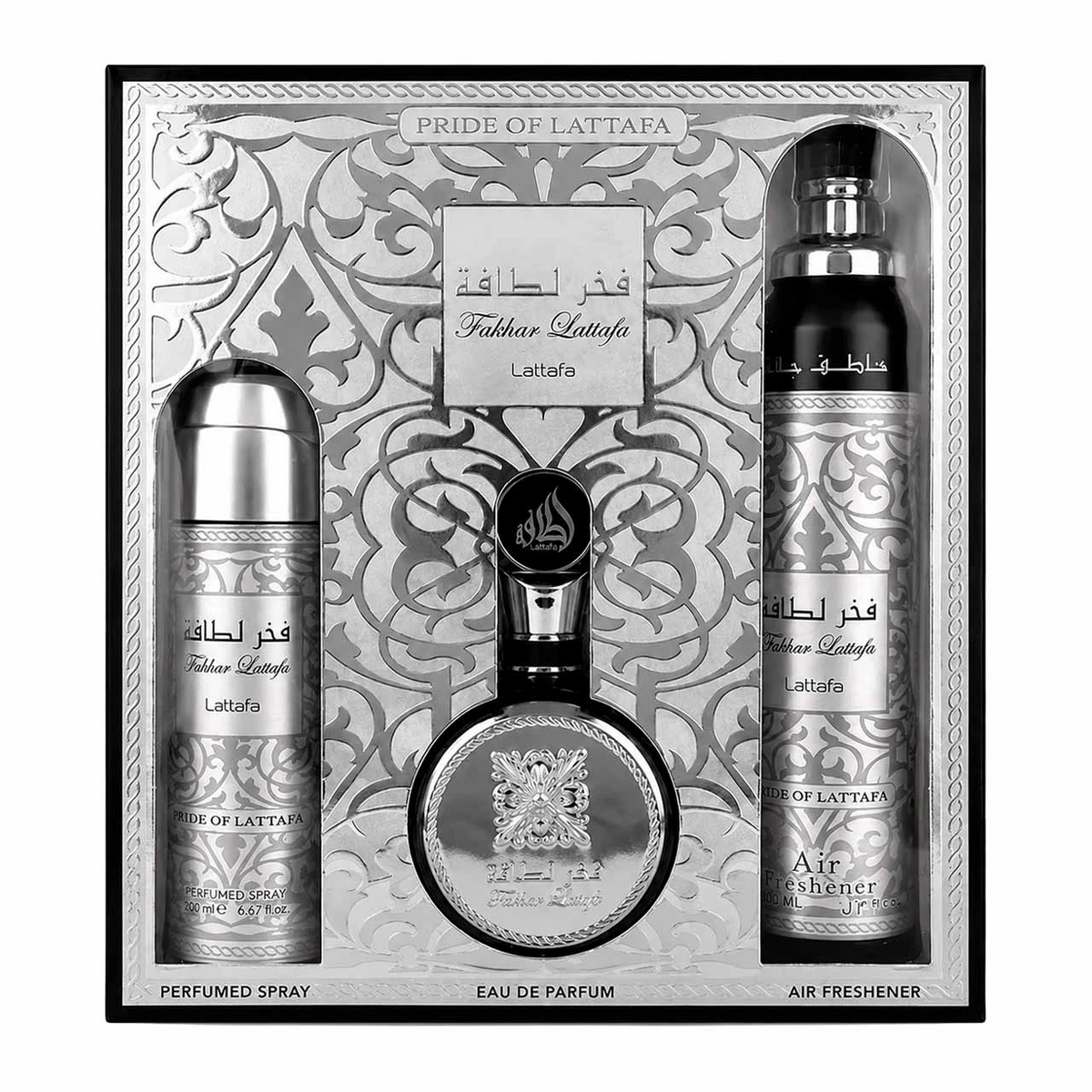 Fakhar Black Estuche 3 Piezas Eau de Parfum 100ml + Perfume Spray 200ml + Ambientador 300ml