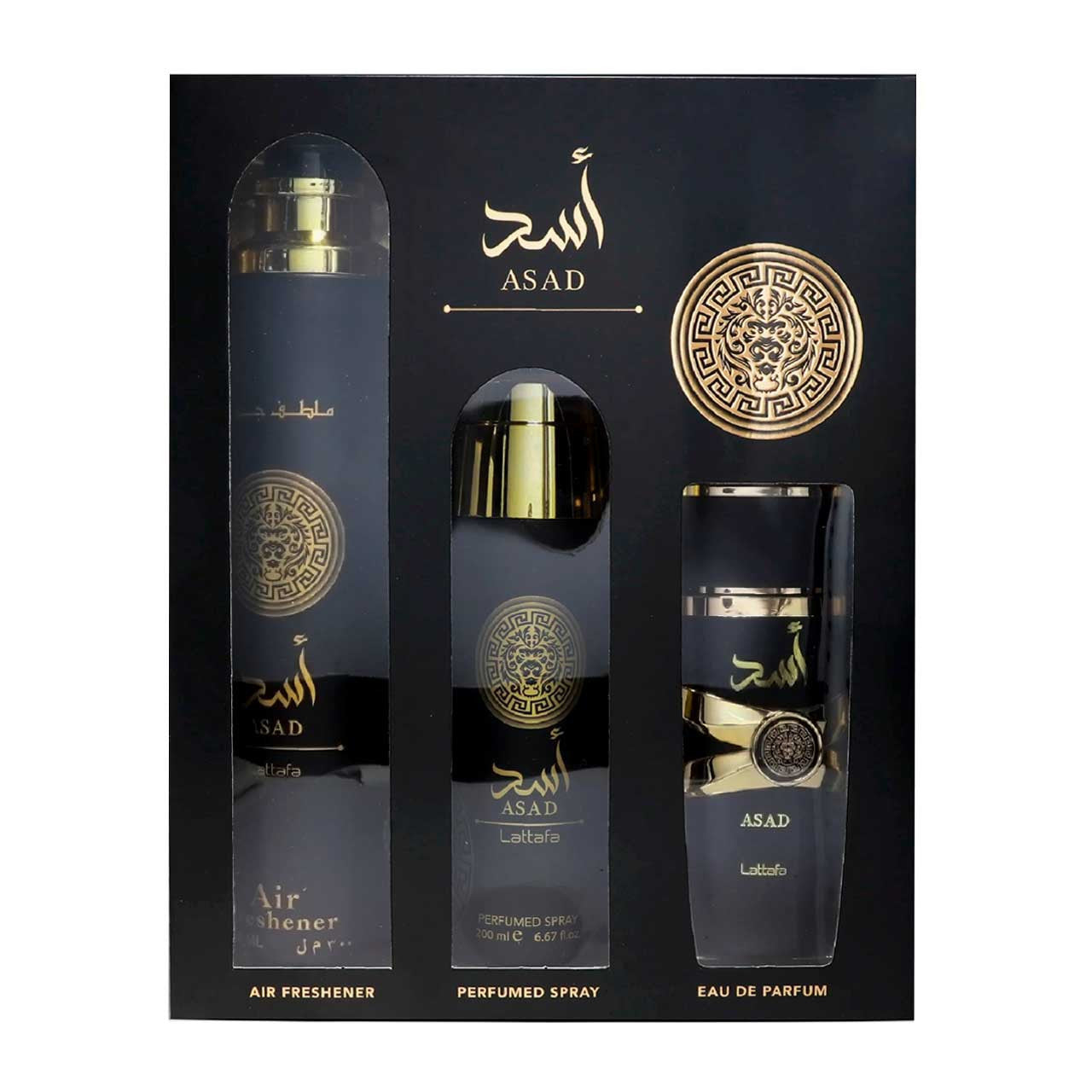 Lattafa Asad ESTUCHE 3 Piezas Hombre EDP 100ml + Refrescador para cabello 50ml + Perfume spray 200ml