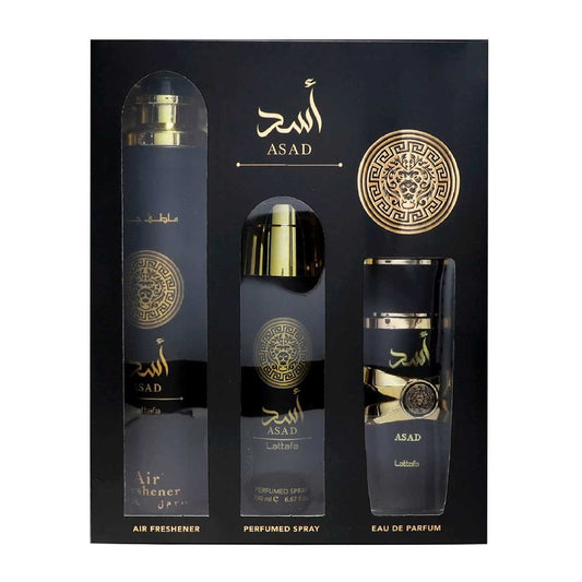 Lattafa Asad ESTUCHE 3 Piezas Hombre EDP 100ml + Refrescador para cabello 50ml + Perfume spray 200ml