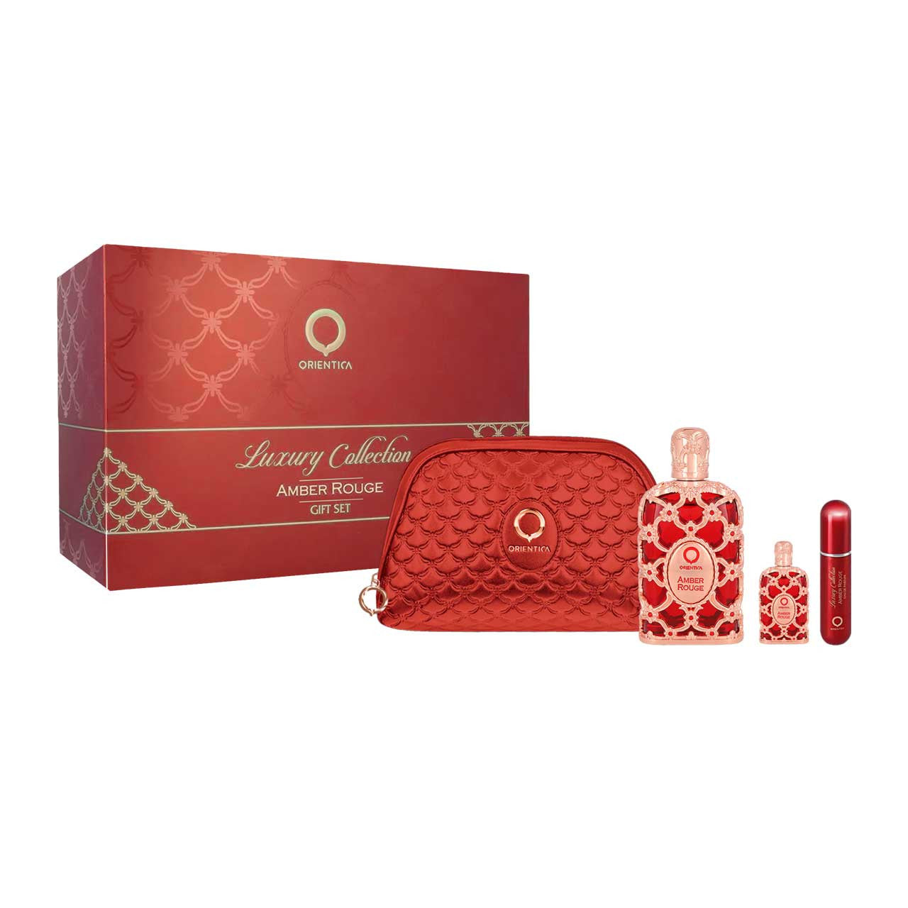 Amber Rouge Bolsa SET 4 Piezas Unisex Eau de Parfum 80ml + Eau de Parfum  7.5ml + 1 Mini 10ml + Bolsa