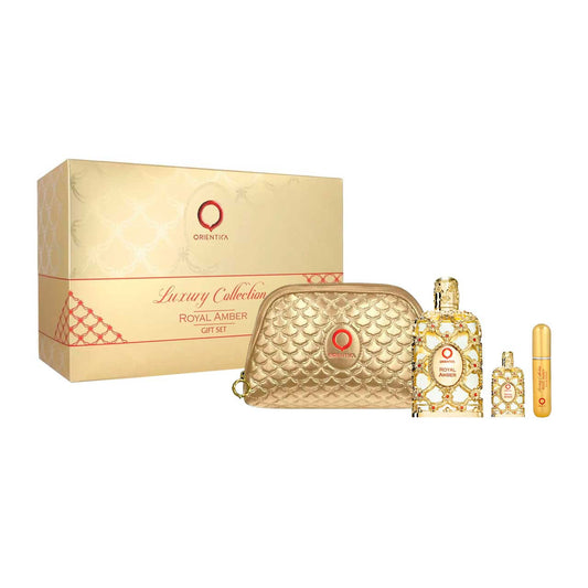 Royal Amber Bolsa SET 4 Piezas Unisex EDP 80ml + Miniatura 10ml + Atomizador + Bolsa de Viaje