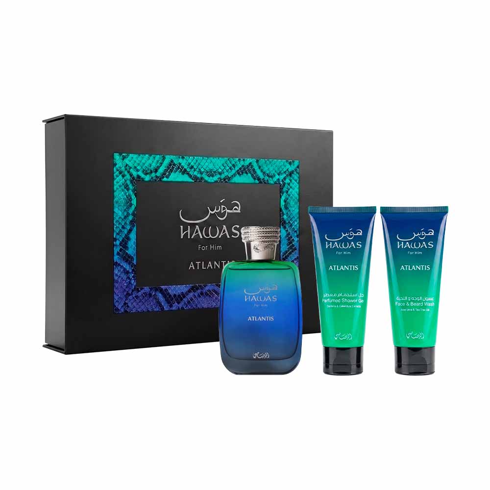Hawas Atlantis Estuche 3 Piezas Unisex Eau de Parfum 100ml + Limpiador de Rostro y Barba 100ml + Gel de baño 100ml